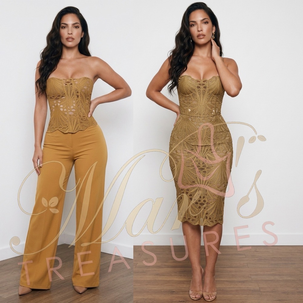 NWT MICAS Golden Brown Corset Sheer Eyelet Sleeveless Tube Top Sz M